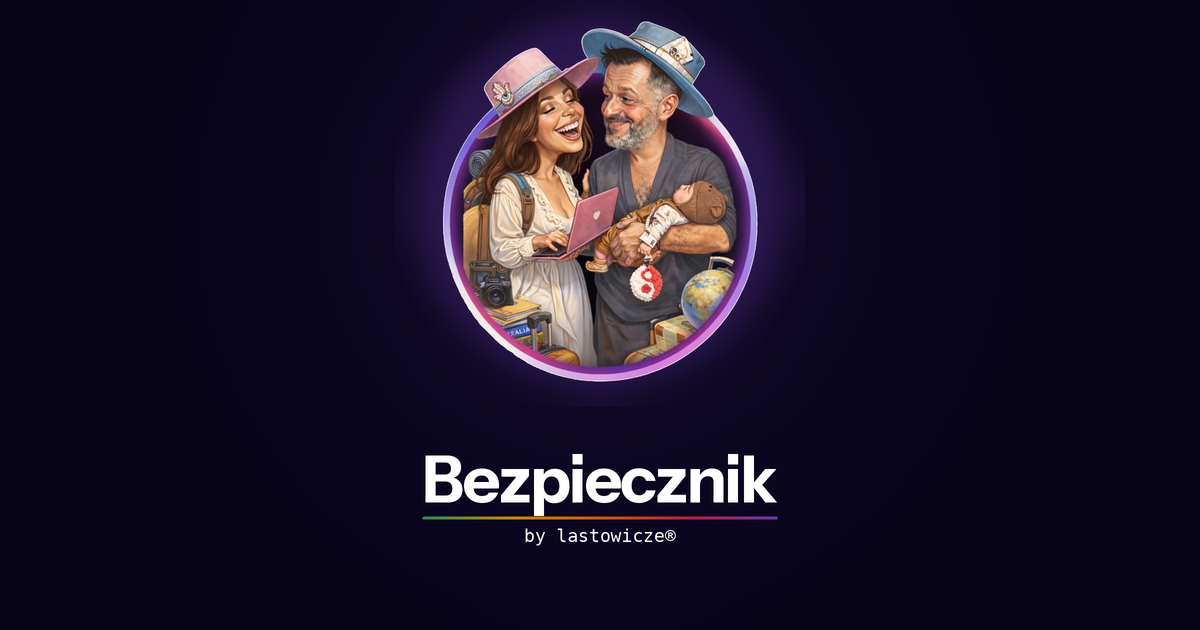 Bezpiecznik by Lastowicze - autorskie narzędzie do sprawdzania skali spokoju w destynacjach turystycznych, logo z wizerunkiem Izabeli i Grzegorza Kołłb-Sieleckich